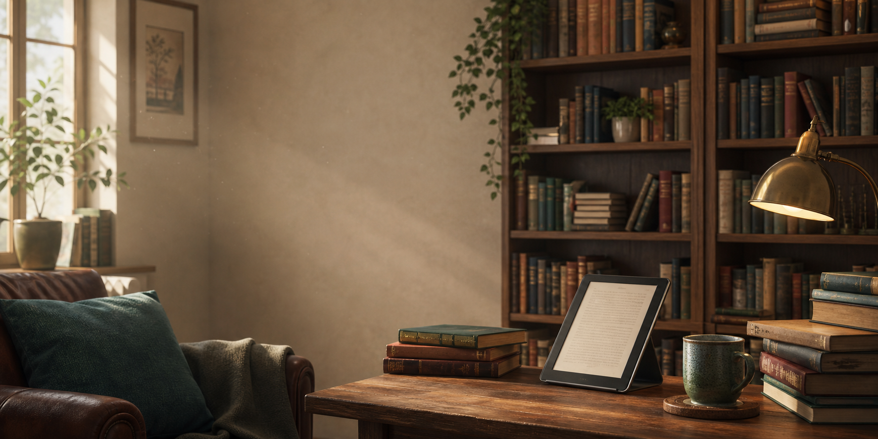 Warm illustration of a modern library with shelves, stacked books, and an open ebook reader